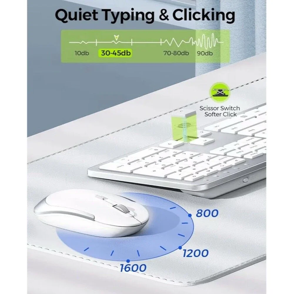 Combo Wireless Keyboard & Mouse, Slim Thin, Quiet, Full-Size Adjustable DPI 2.4G